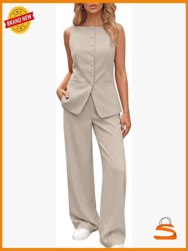 2 Piece Sleeveless Blazer Wide Leg Pants Suit Set Business Casual